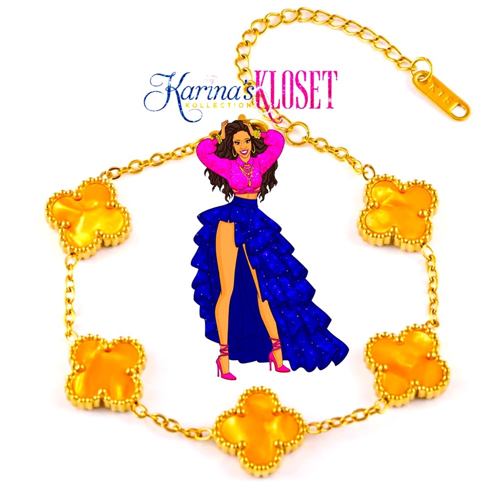 Canary Marble & Gold Clover Bracelet, 18 Karat Gold Plated, Motif Bracelet